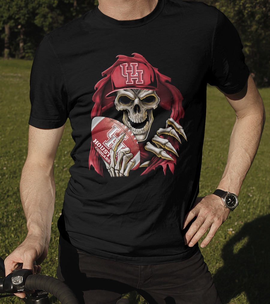 Skullbong Houston Cougars Skeleton Holding Football With UH T-Shirt