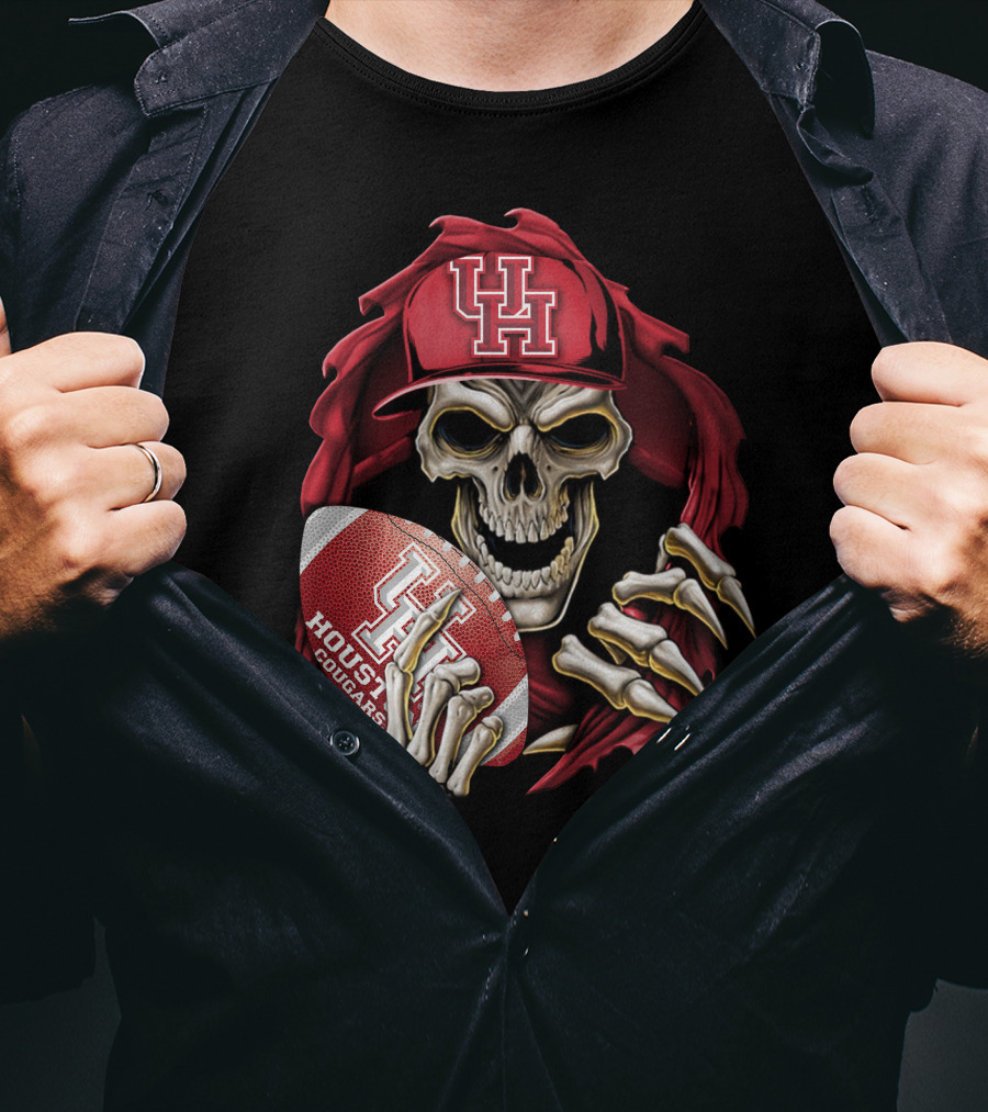 Skullbong Houston Cougars Skeleton Holding Football With UH T-Shirt