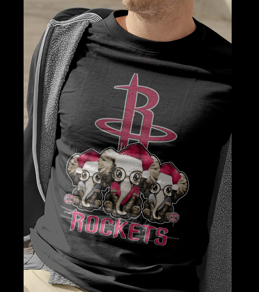 Houston Rockets Xmas Elephants With Santa Hats T-Shirt