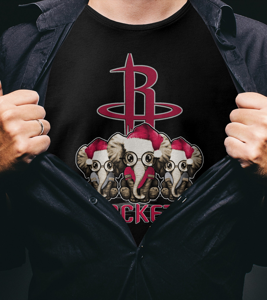 Houston Rockets Xmas Elephants With Santa Hats T-Shirt