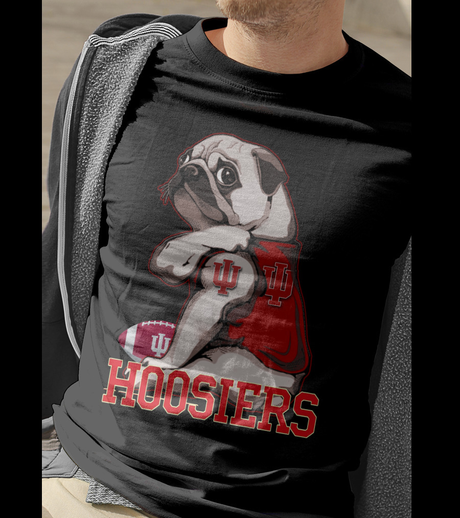 Pug Wearing Indiana Hoosiers Football Jersey With IU T-Shirt