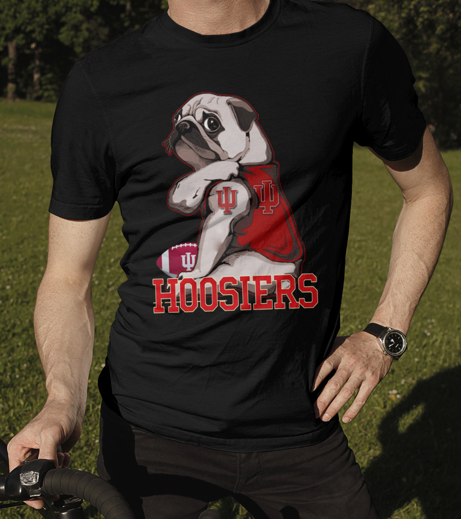Pug Wearing Indiana Hoosiers Football Jersey With IU T-Shirt