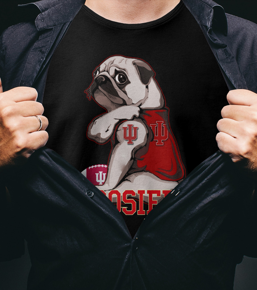 Pug Wearing Indiana Hoosiers Football Jersey With IU T-Shirt