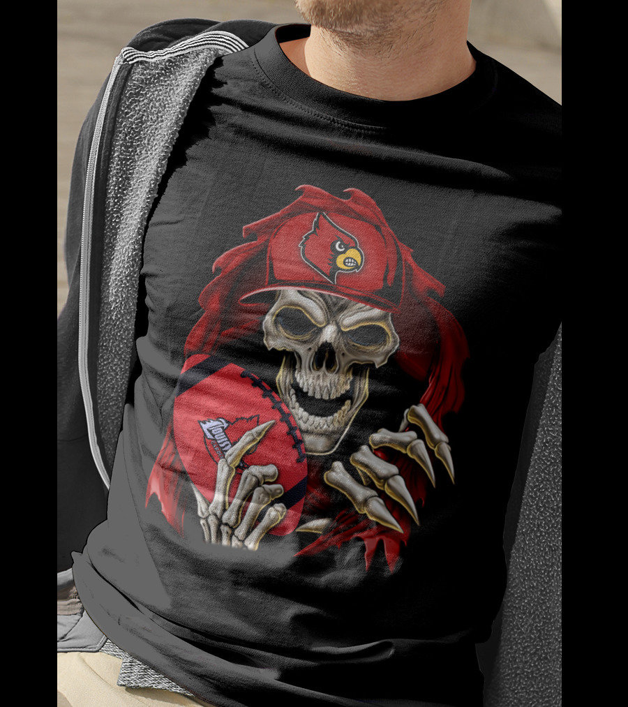 Skullbong Louisville Cardinals Skeleton With Football And Cap T-Shirt