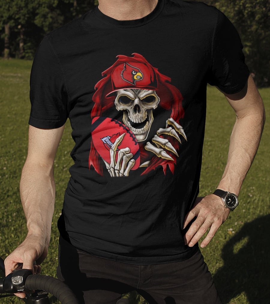 Skullbong Louisville Cardinals Skeleton With Football And Cap T-Shirt