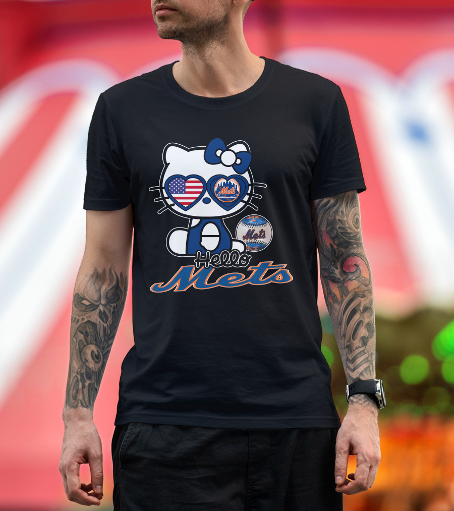 Hello Kitty Mets American Flag Baseball Collaboration T-Shirt