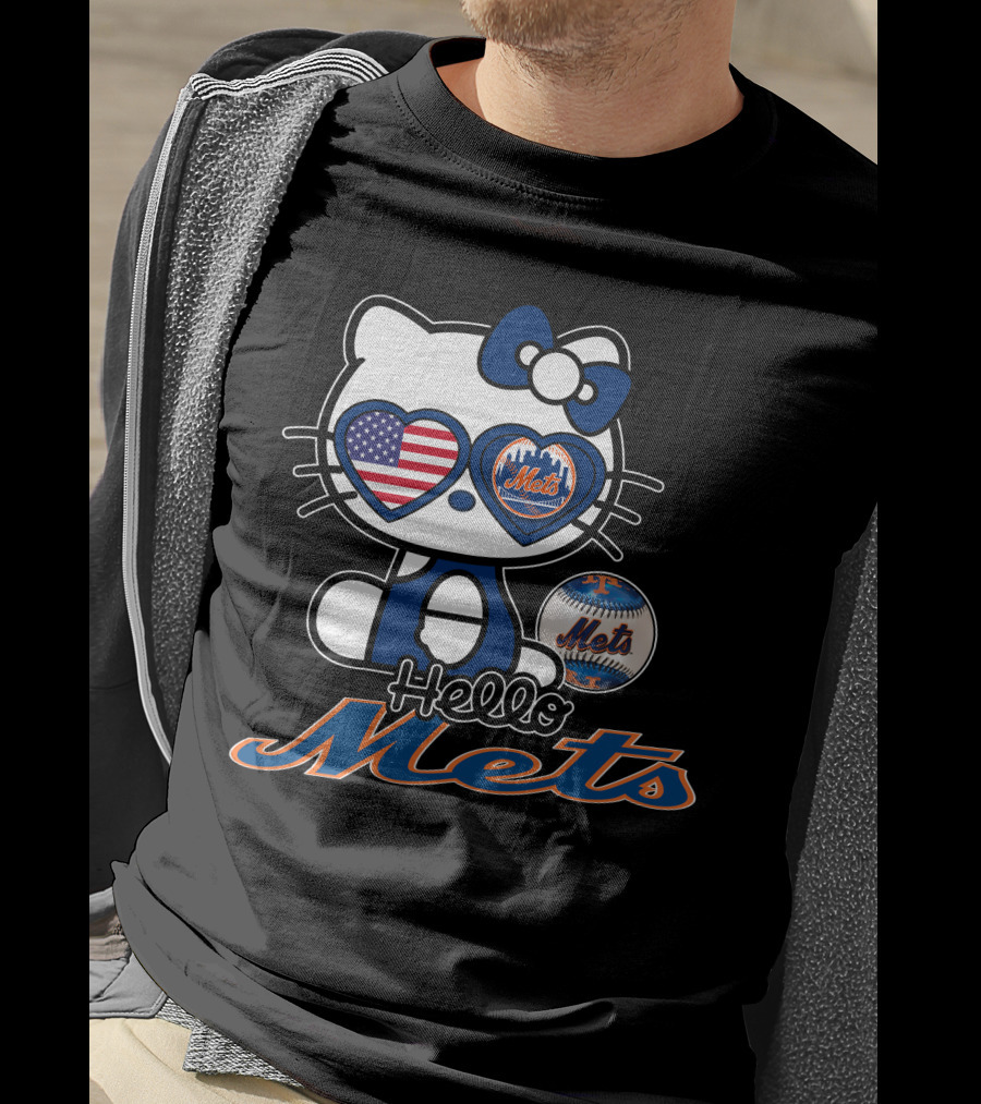 Hello Kitty Mets American Flag Baseball Collaboration T-Shirt
