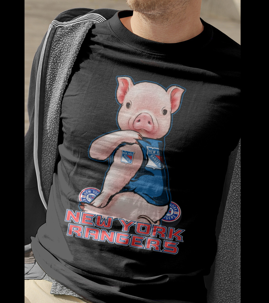Pig Wearing New York Rangers Blue Logo T-Shirt