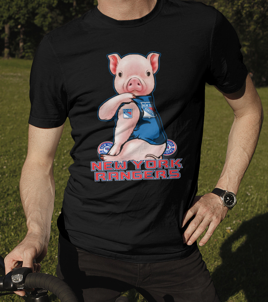 Pig Wearing New York Rangers Blue Logo T-Shirt
