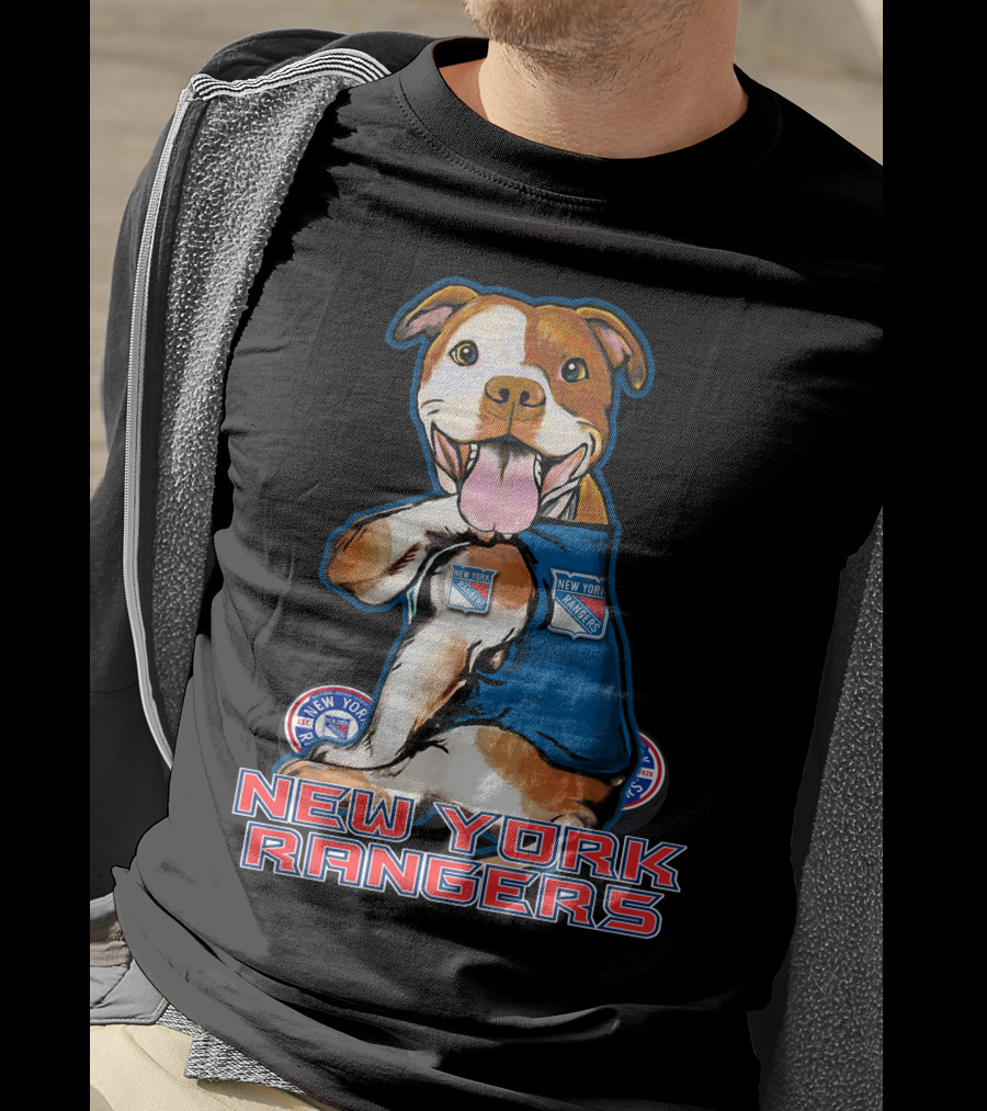 New York Rangers Pitbull With Logo And Paw Up T-Shirt