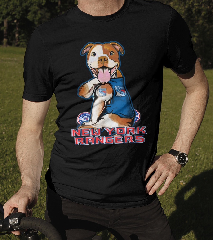 New York Rangers Pitbull With Logo And Paw Up T-Shirt