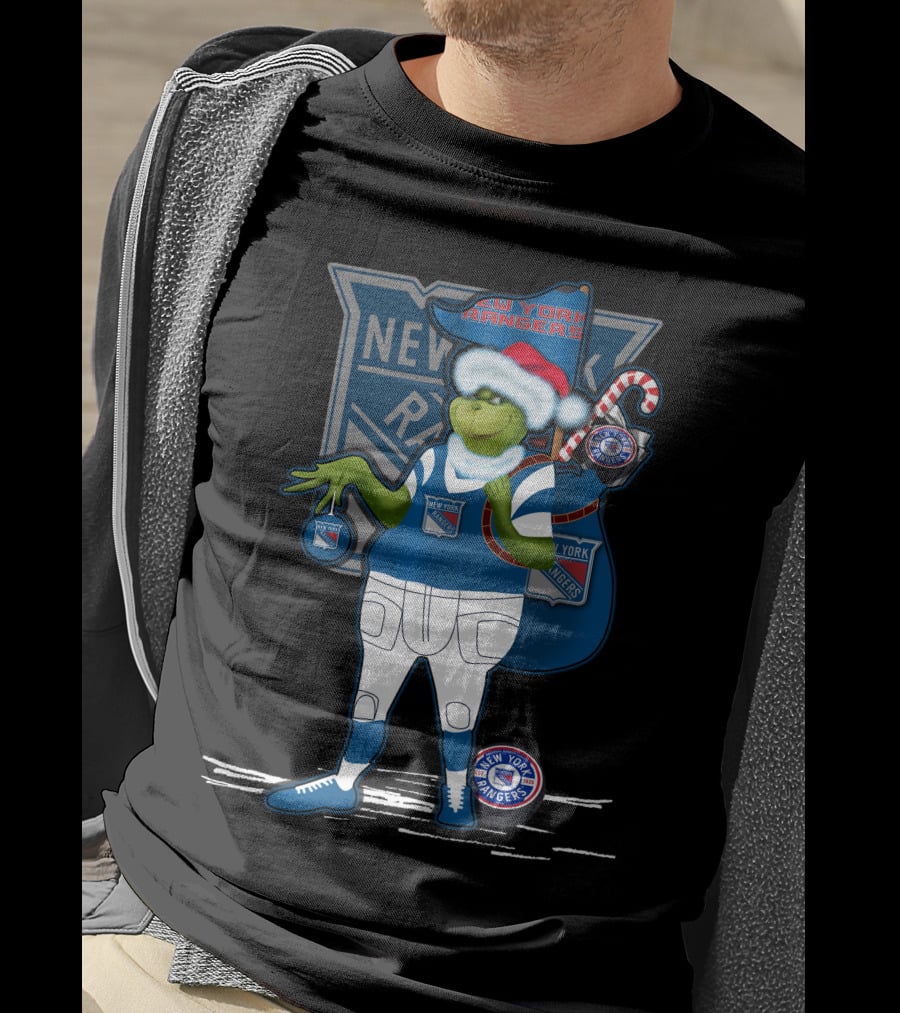 Grinch New York Rangers Christmas Santa Hat Candy Cane T-Shirt