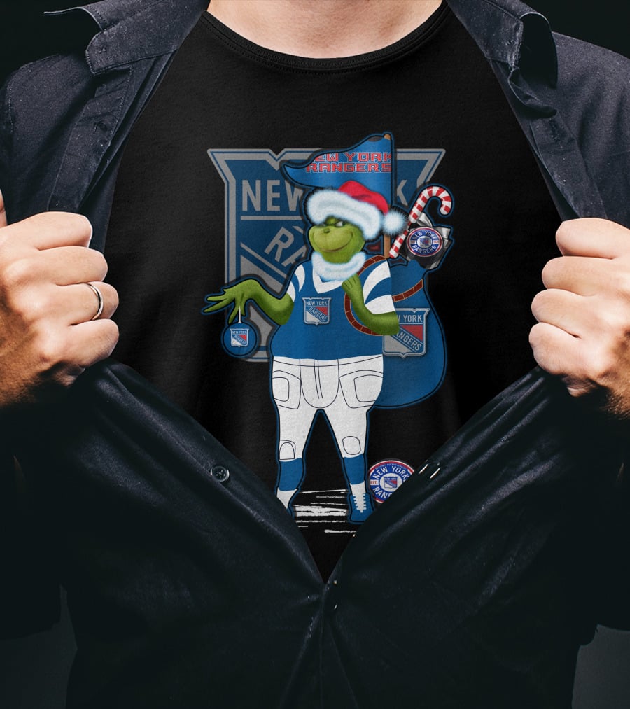 Grinch New York Rangers Christmas Santa Hat Candy Cane T-Shirt