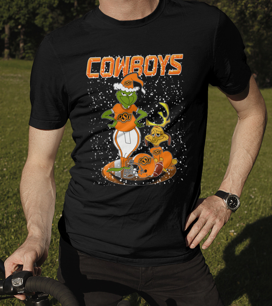 Grinchxmas OSU Cowboys Snowy Holiday Football T-Shirt