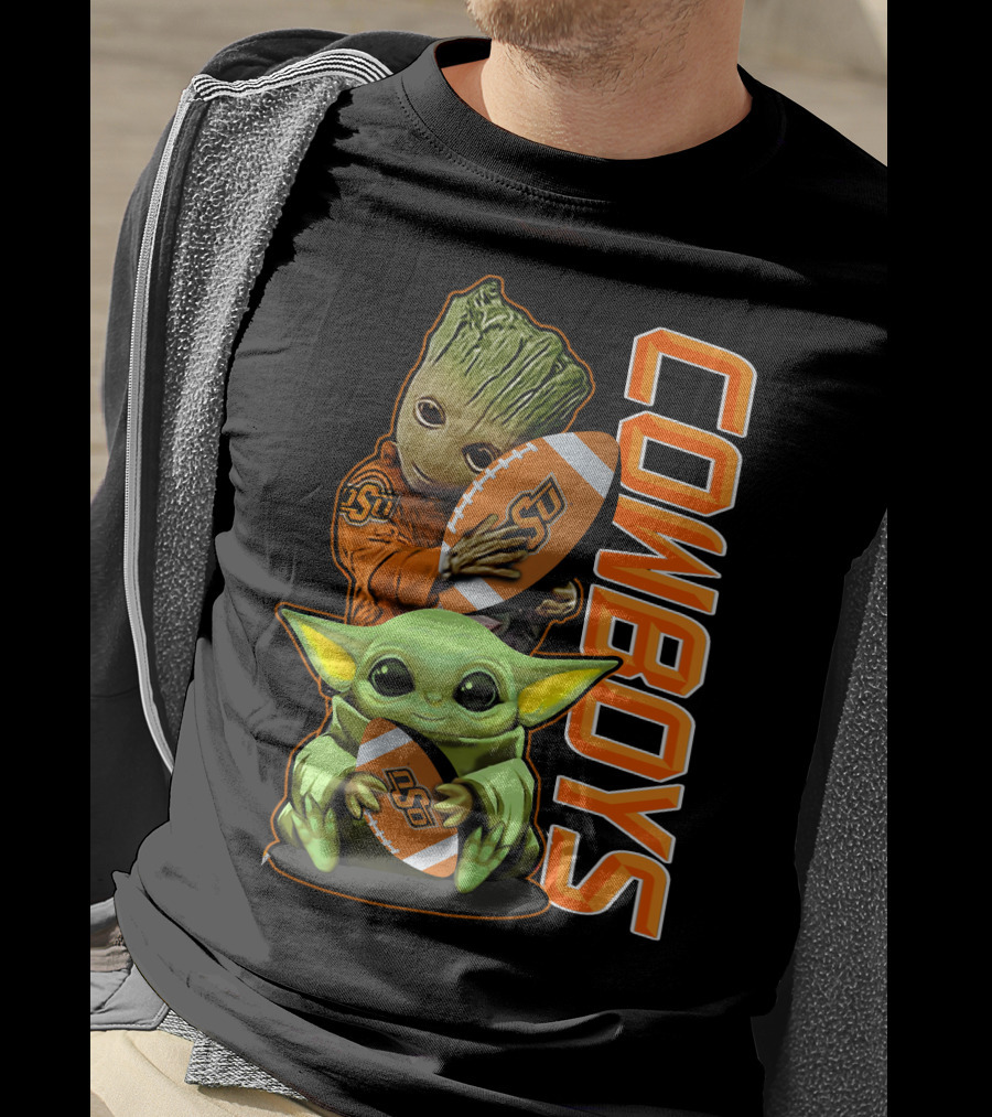 Grzd Oklahoma State Cowboys Groot Baby Yoda Football T-Shirt