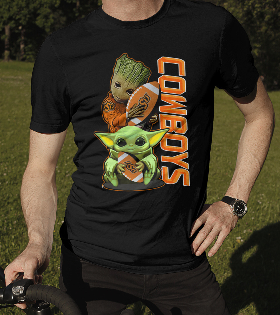 Grzd Oklahoma State Cowboys Groot Baby Yoda Football T-Shirt