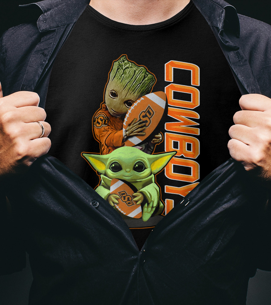 Grzd Oklahoma State Cowboys Groot Baby Yoda Football T-Shirt
