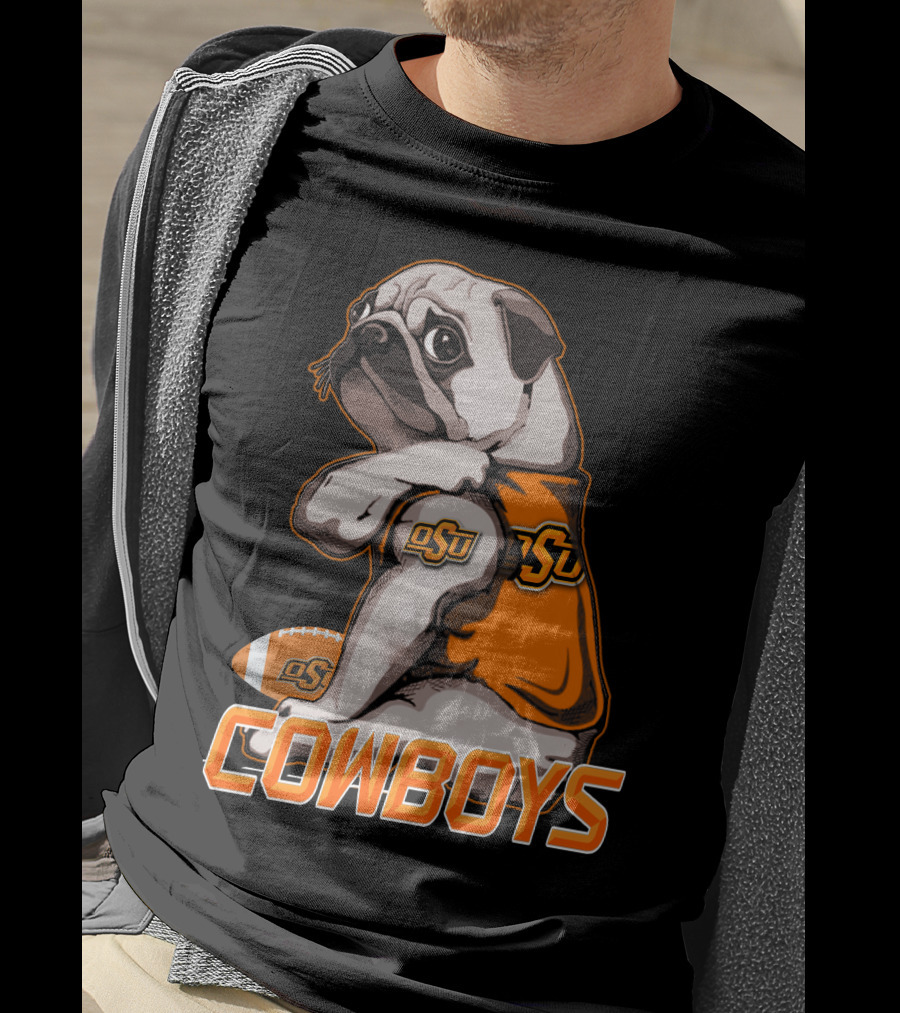 OSU Pug With Football And Cowboys Text T-Shirt