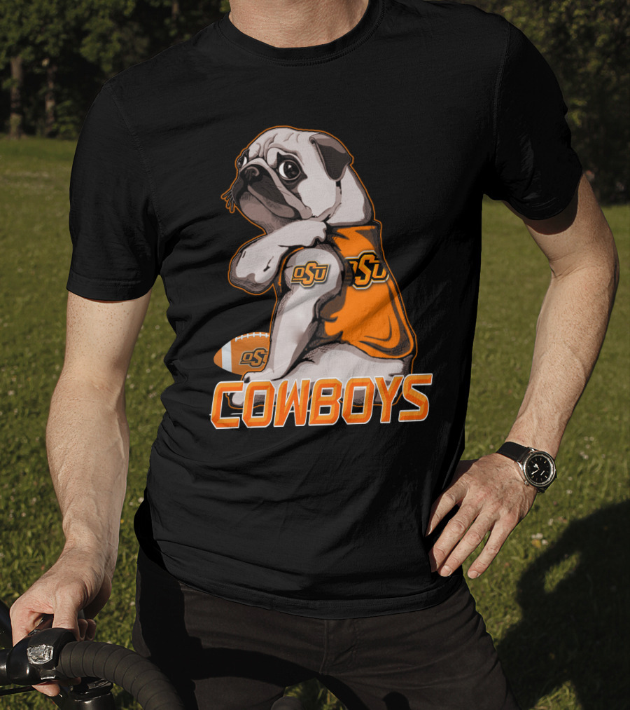 OSU Pug With Football And Cowboys Text T-Shirt