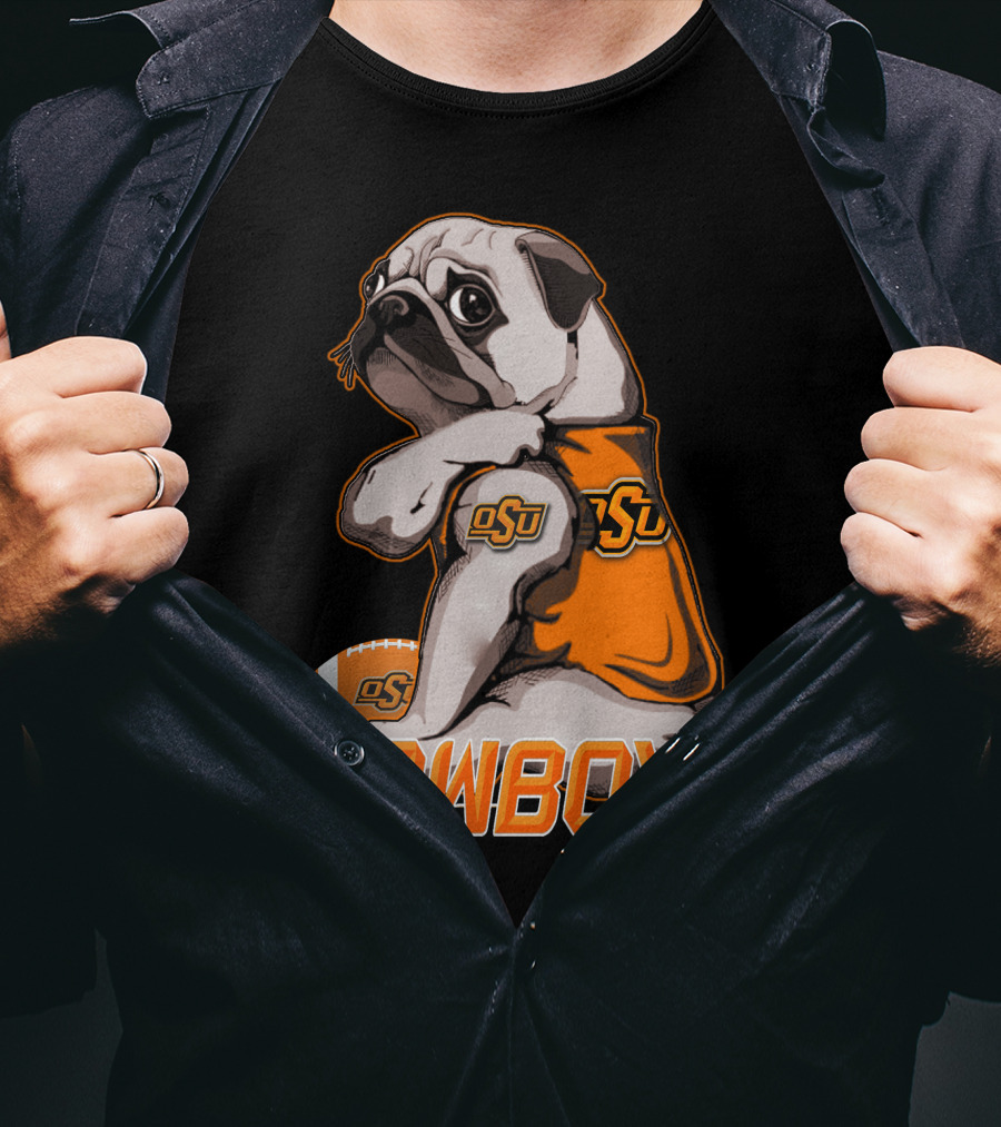 OSU Pug With Football And Cowboys Text T-Shirt