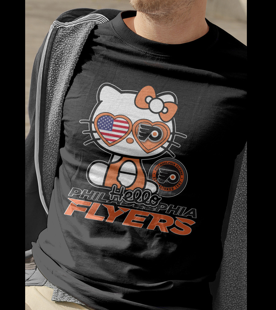 Hello Kitty Philadelphia Flyers American Flag Heart Glasses T-Shirt