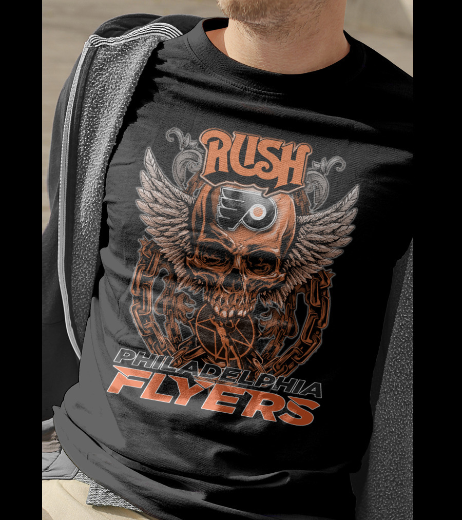 Rush Philadelphia Flyers Skull Wings Chain Hockey T-Shirt