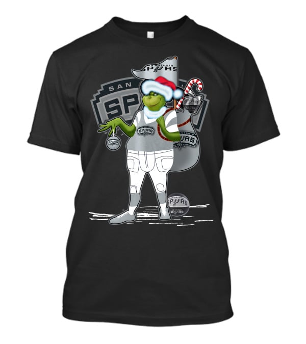 Grinch Santa Hat Holding Ornament San Antonio Spurs Christmas Sack T-Shirt