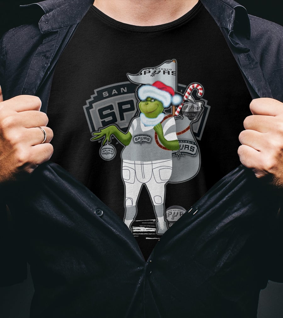 Grinch Santa Hat Holding Ornament San Antonio Spurs Christmas Sack T-Shirt