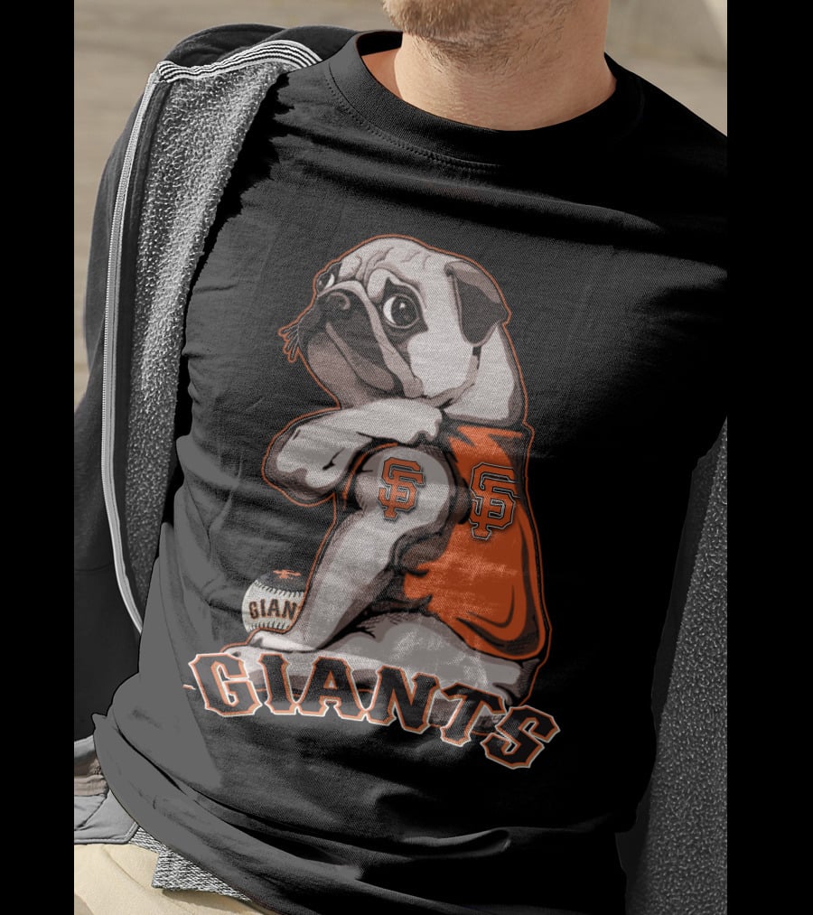 Pug In San Francisco Giants Orange Jersey With Logo And Baseball T-Shirt