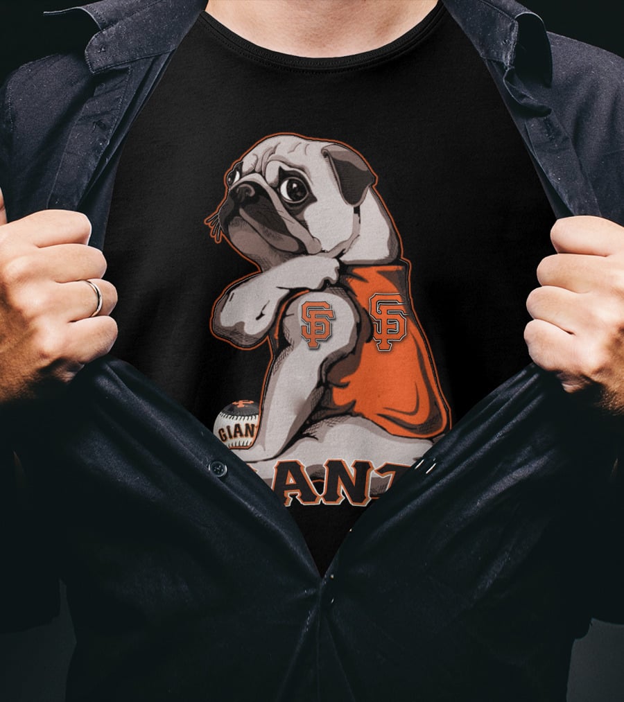 Pug In San Francisco Giants Orange Jersey With Logo And Baseball T-Shirt
