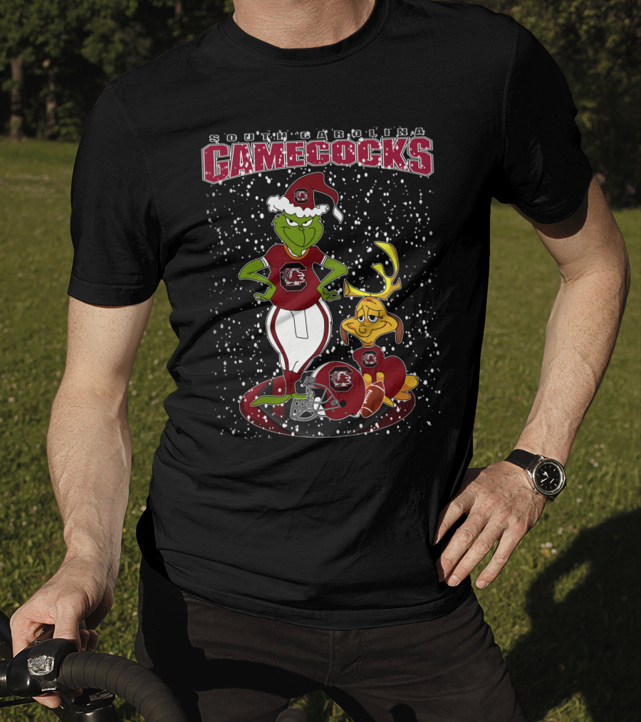Grinchxmas South Carolina Gamecocks Holiday Football Santa Grinch And Max T-Shirt