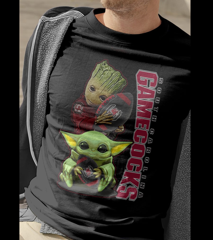 Groot And Baby Yoda Holding South Carolina Gamecocks Football T-Shirt