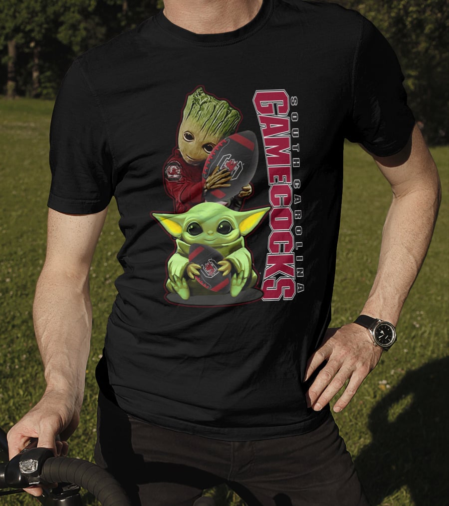 Groot And Baby Yoda Holding South Carolina Gamecocks Football T-Shirt