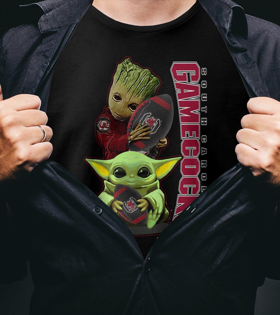 Groot And Baby Yoda Holding South Carolina Gamecocks Football T-Shirt