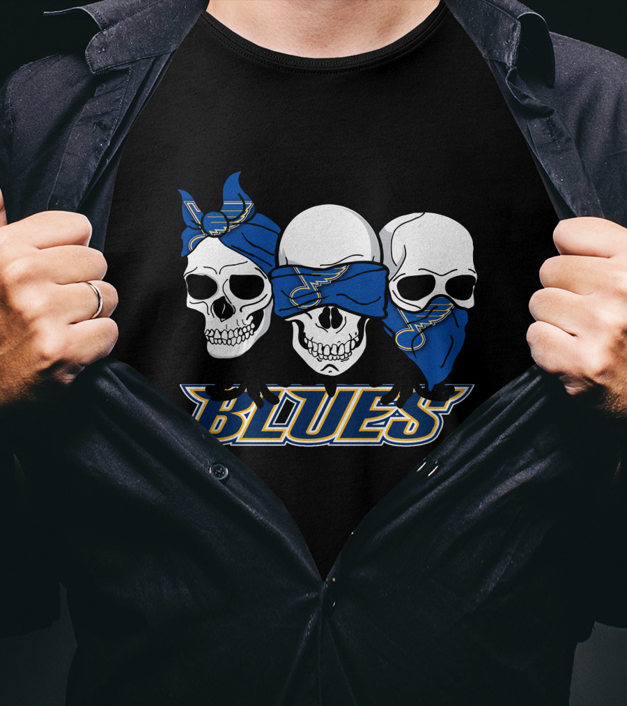 St. Louis Blues Skull Trio With Blue Bandanas Music Team Fan T-Shirt