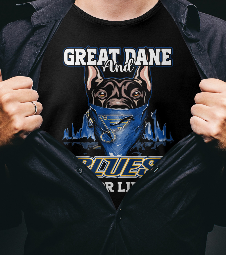 Great Dane And St. Louis Blues For Life With Blues Logo Bandana T-Shirt