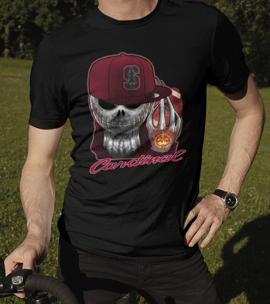 Jackskull Holding Football With Stanford Cardinal Hat And Glowing Pumpkin T-Shirt