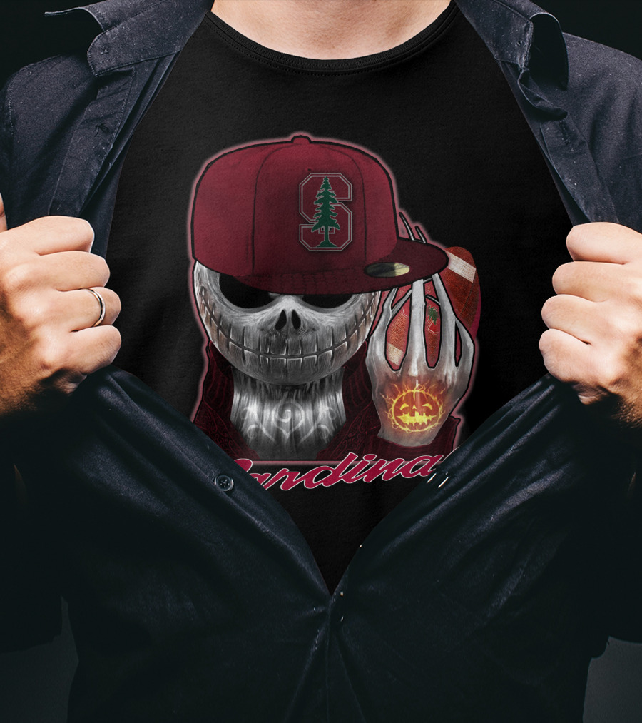 Jackskull Holding Football With Stanford Cardinal Hat And Glowing Pumpkin T-Shirt