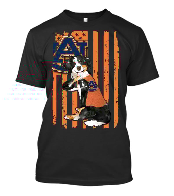 Auburn Tigers I Love Mom Border Collie With Logo And American Flag Stripes T-Shirt