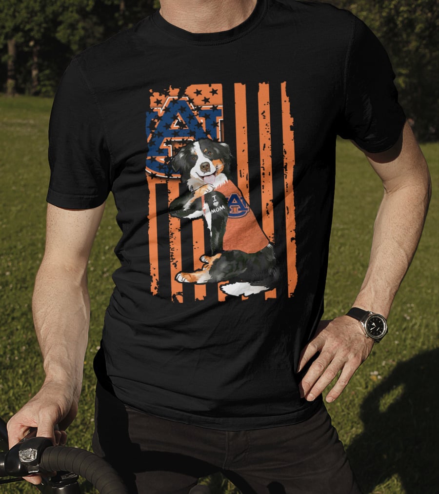 Auburn Tigers I Love Mom Border Collie With Logo And American Flag Stripes T-Shirt