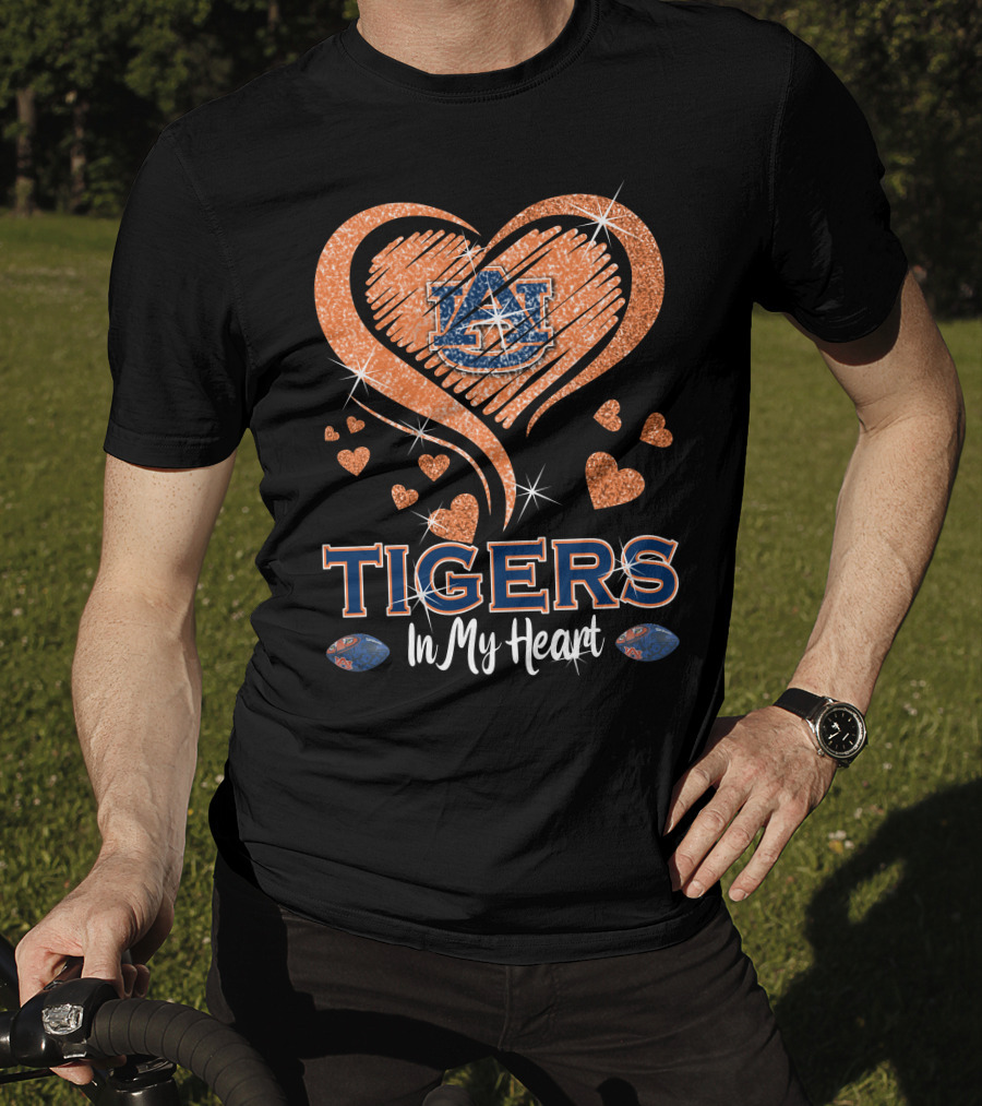 Tigers In My Heart Auburn University Logo With Glitter Hearts T-Shirt