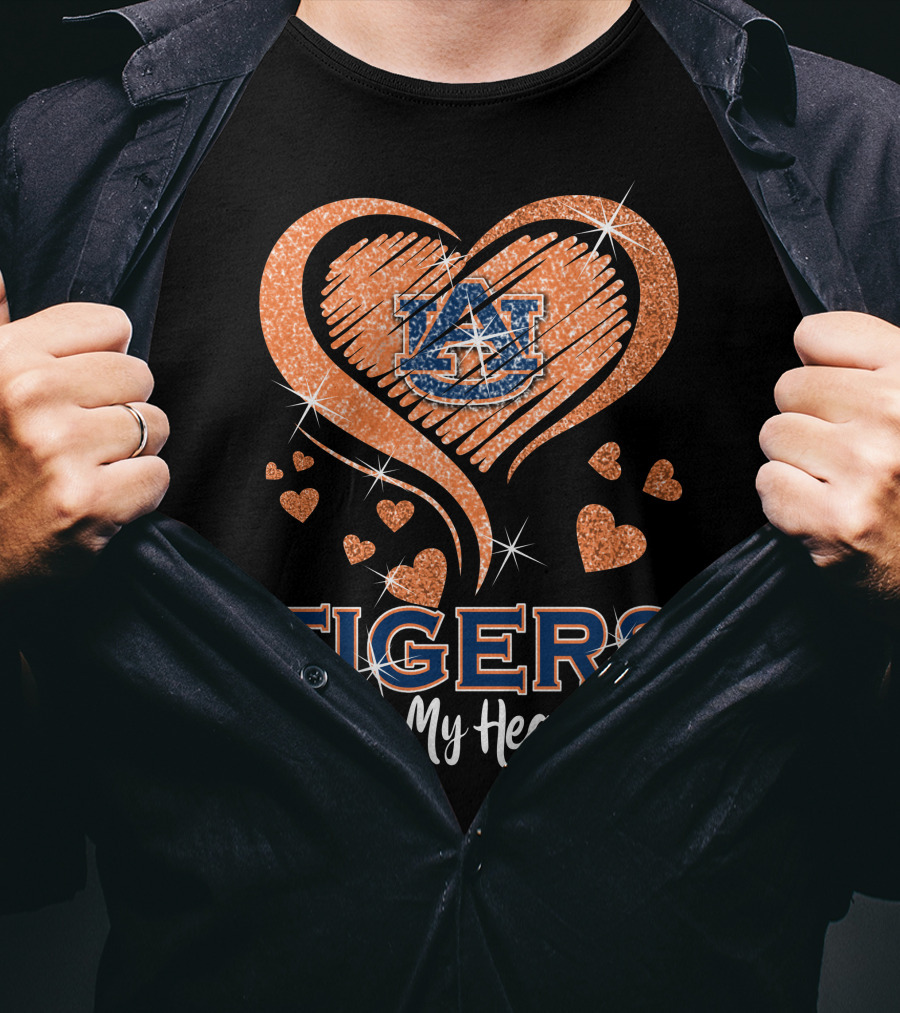 Tigers In My Heart Auburn University Logo With Glitter Hearts T-Shirt