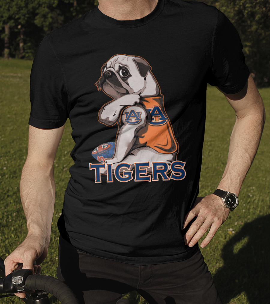 Pug Wearing Auburn Tigers Jersey With Football T-Shirt