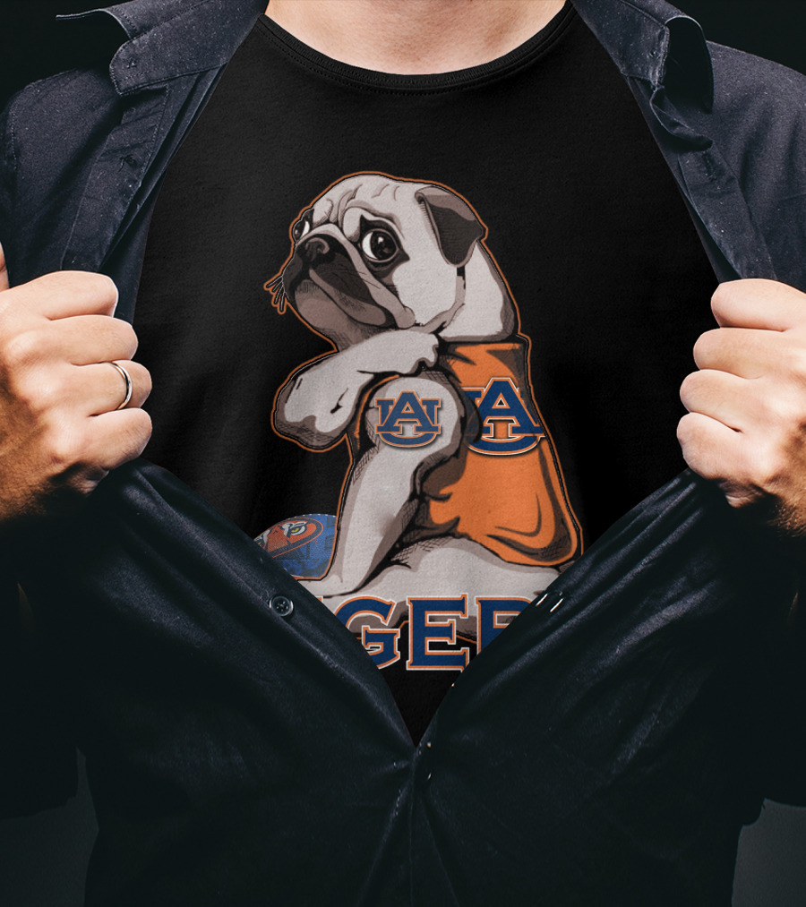 Pug Wearing Auburn Tigers Jersey With Football T-Shirt