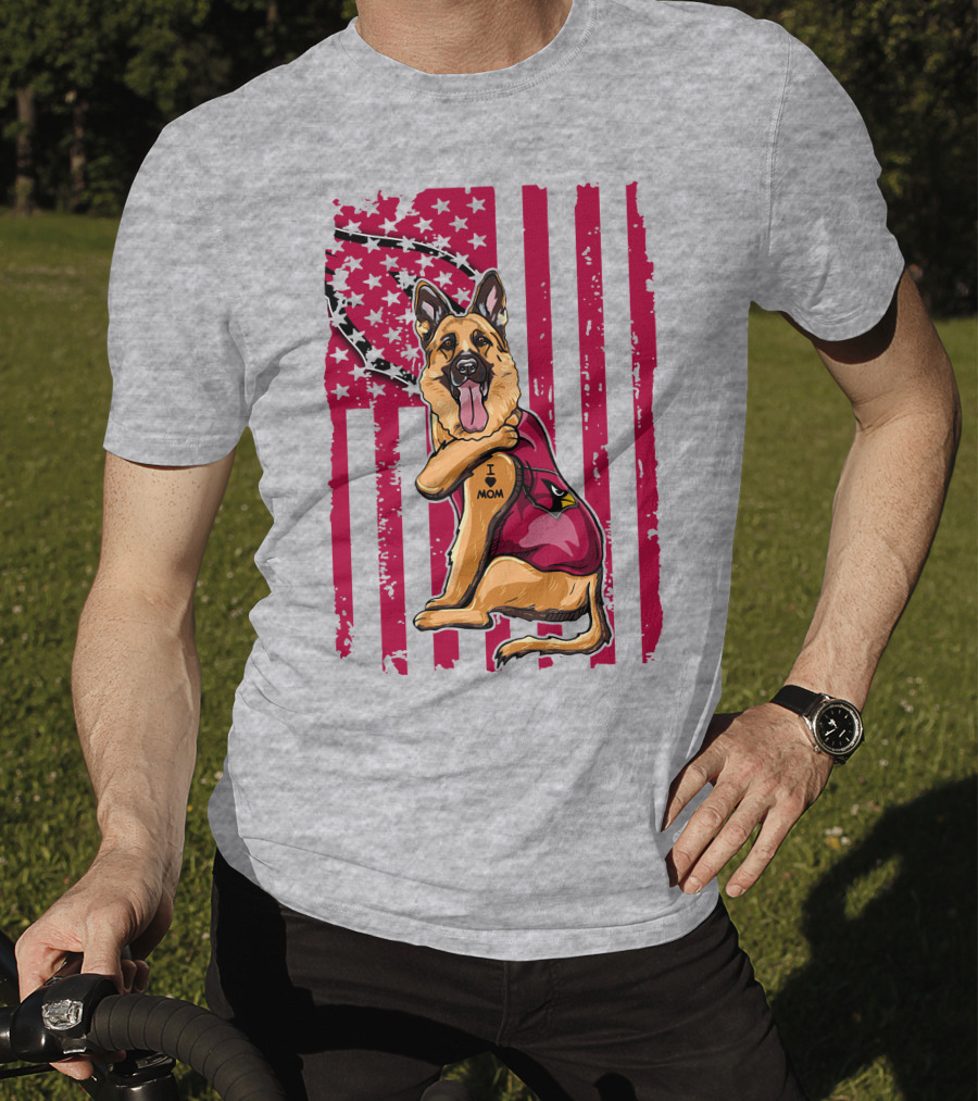 German Shepherd Wearing Arizona Cardinals Jersey With American Flag Background T-Shirt