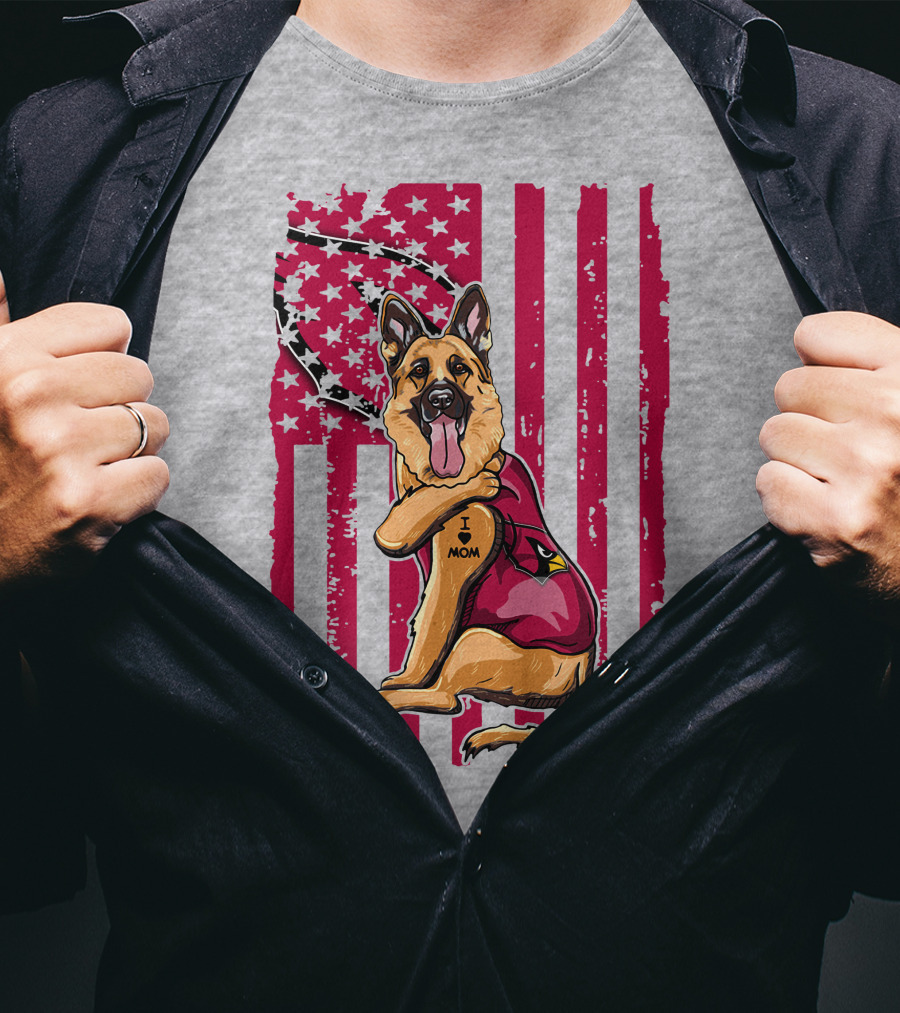 German Shepherd Wearing Arizona Cardinals Jersey With American Flag Background T-Shirt