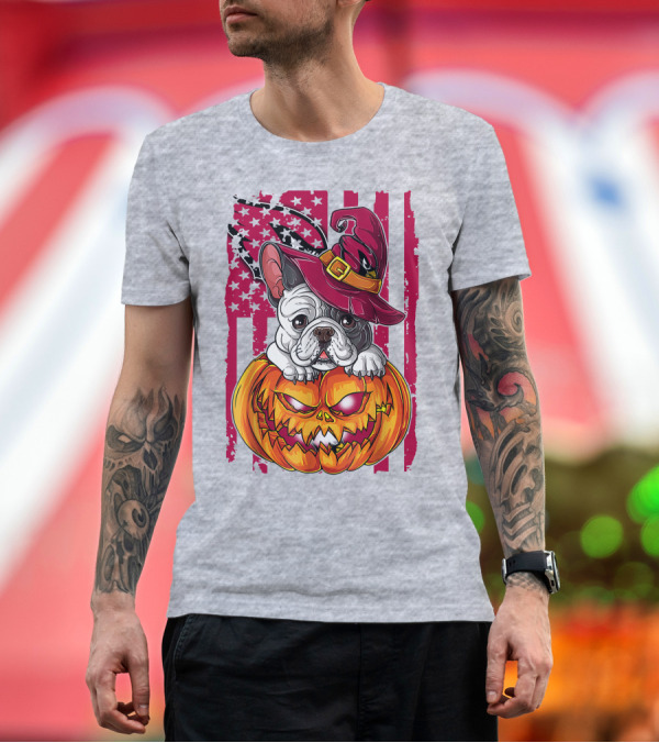 Premium T-Shirt: Hlw Bulldog Witch Hat Pumpkin Stars Stripes T-Shirt Hlw Bulldog Witch Hat Pumpkin Stars Stripes T-Shirt