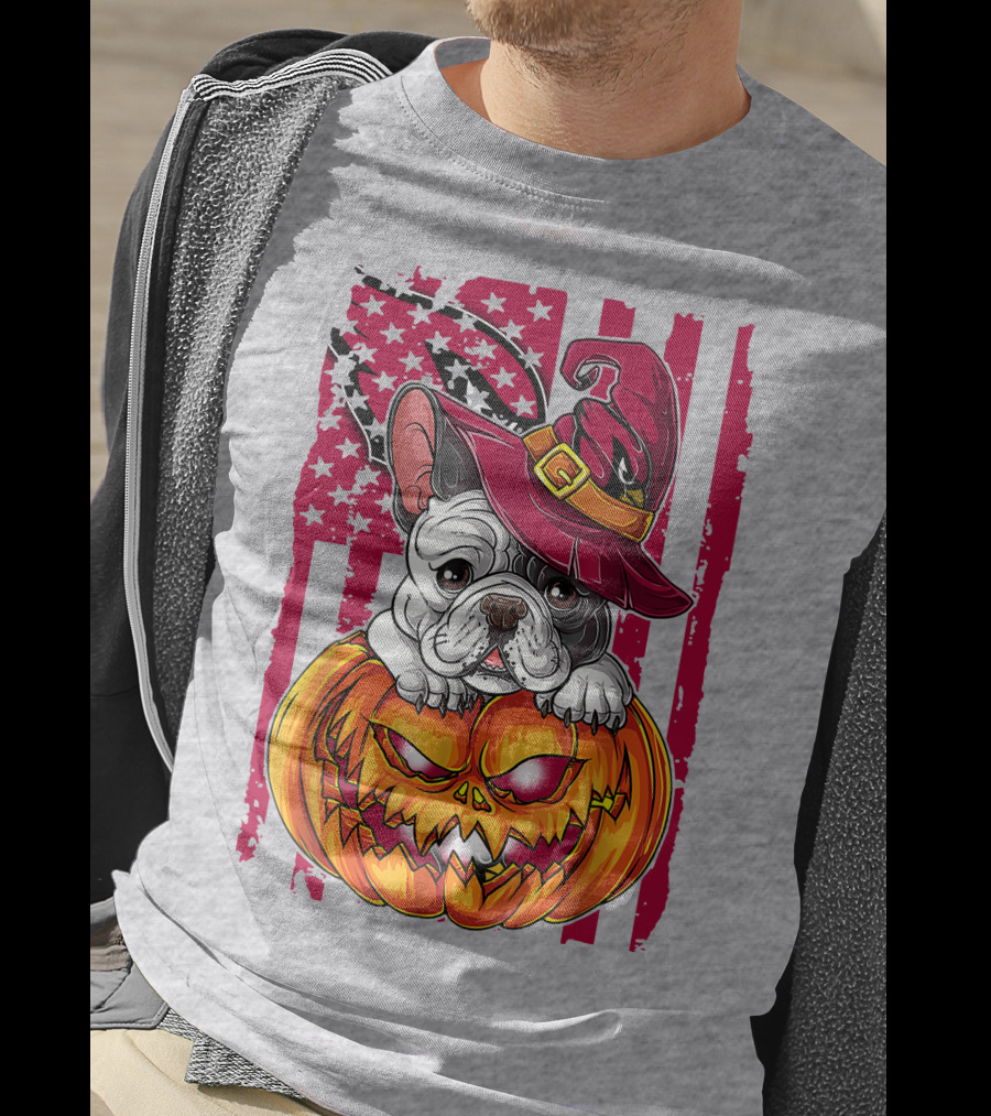 Hlw Bulldog Witch Hat Pumpkin Stars Stripes T-Shirt