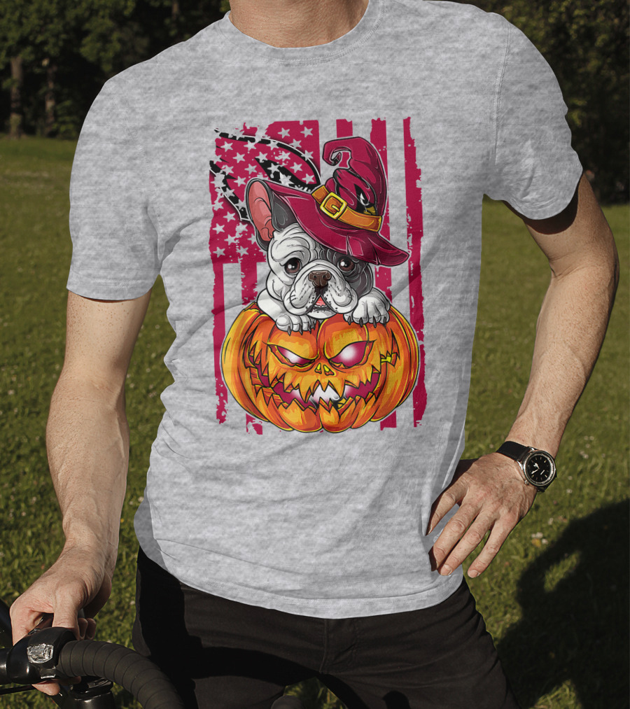 Hlw Bulldog Witch Hat Pumpkin Stars Stripes T-Shirt