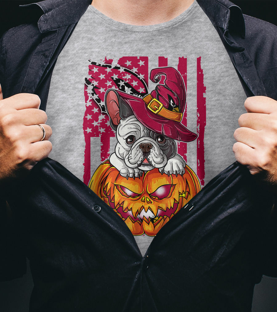 Hlw Bulldog Witch Hat Pumpkin Stars Stripes T-Shirt